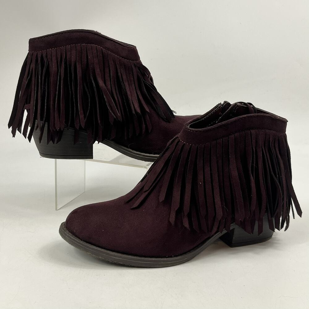 Soda Womens Ankle Boots Size 8.5 Burgundy Red Fringe Western Block Heel Zip Up